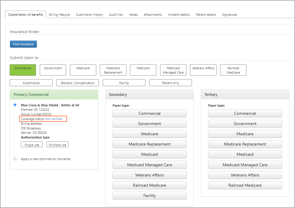 Verify eligibility on the Coordination of Benefits tab.